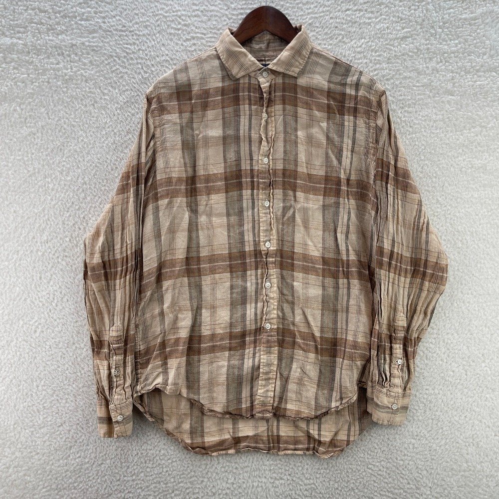 Polo Ralph Lauren Shirt Men's Large Brown Plaid Linen Luxury Preppy Summer Beach
